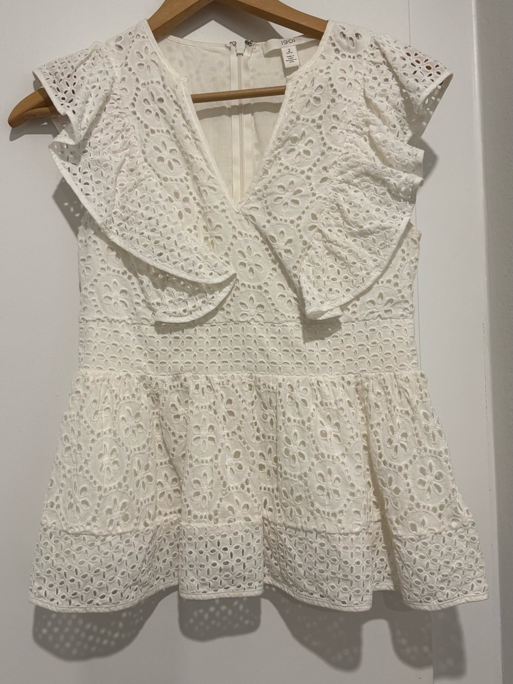 1901 White Eyelet V-Neck Peplum  with Ruffle Shoulders